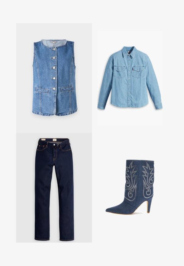 Chaleco de denim en azul claro con un escote redondo, seis botones frontales y dos bolsillos laterales. Presenta detalles de costura y un corte estructurado.; Camisa de mezclilla azul claro con mangas largas, cuello puntiagudo, dos bolsillos en el pecho, botonera y una textura sutil. Sin patrones visibles.; Pantalones vaqueros de corte recto en azul oscuro con costuras naranjas, cinco bolsillos y cierre de botón, colocados planos sobre un fondo claro.; Botín de mezclilla con punta afilada, diseño curvado, costura decorativa plateada y tacón de aguja de 3 pulgadas. Azul oscuro con acabado texturizado.