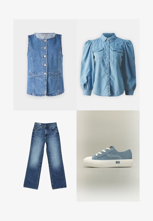 Gilet en denim bleu clair avec un col rond, six boutons sur le devant et deux poches latérales. Présente des détails cousus et une coupe structurée.; Chemise en denim bleu clair avec un col, manches longues bouffantes, deux poches poitrines et patte de boutonnage à l'avant. Texture douce et poignets ajustés.; Jean denim bleu à jambes larges avec poches avant et poche monnaie, fermeture à boutons, et lavage délavé sur les cuisses et les genoux.; Baskets basses en toile bleue avec semelle en caoutchouc blanche, lacets blancs, détails de couture et logo "Lee" sur le côté de la semelle.