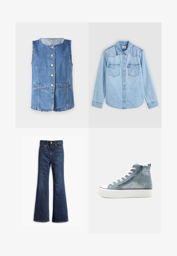 Lys blå denimvest med rund udskæring, seks frontknapper og to sidelommer. Har syninger og en struktureret pasform.; Lyseblå denimskjorte med lange ærmer, knaplukning, to brystlommer med klapper og en klassisk spids krave på en grå baggrund.; Højtaljede mørkeblå denim jeans med udvidede ben, frontknap og lynlås lukning, samt fem-lommer design.; Høj top denim sneaker med hvide snørebånd, sidelås, gummisål og mærket syet detalje på ydersiden.