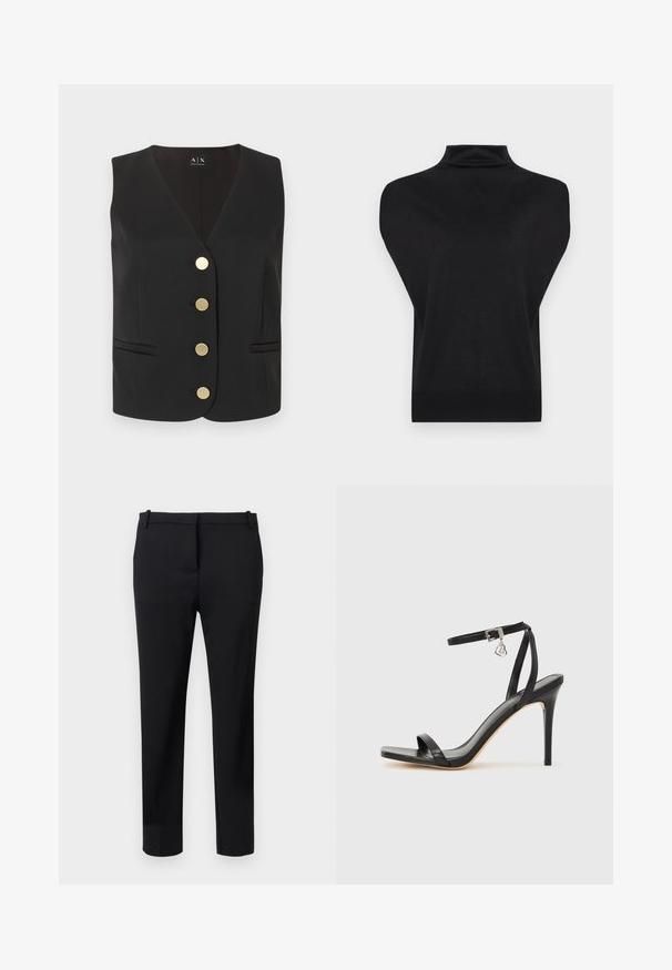 Veste noire sans manches avec col en V, quatre boutons ronds dorés au centre, et deux poches fendues à l'avant.; Pull noir sans manches à col roulé avec de larges panneaux aux épaules et un ourlet côtelé ajusté, présenté sur un fond blanc.; Pantalon habillé noir, coupe slim, avec passants de ceinture, pli avant, et silhouette ajustée sur fond clair.; Sandale à talon haut noire avec une bride étroite à la cheville, bout carré, cuir lisse et accent de boucle métallique.