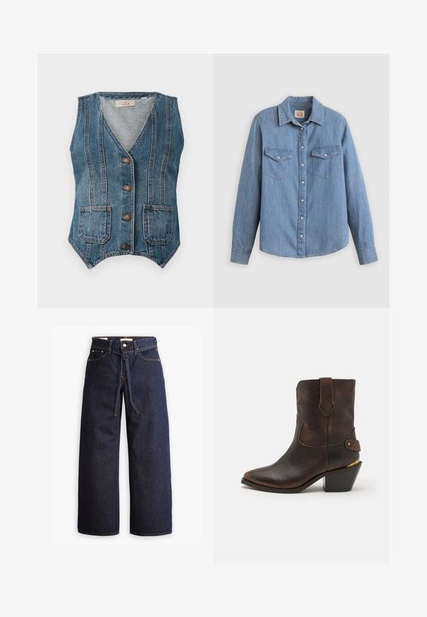 Blauwe denim mouwloze vest met V-hals, vier metalen knopen, twee voorzakken en verticale naad-details.; Lichtblauw spijkerhemd met lange mouwen, knoopsluiting aan de voorkant, twee borstzakken en een klassieke kraag. Soepele textuur en een ontspannen pasvorm.; Wijd pijpjes donkerblauwe denim jeans met een hoge taille, voorzien van een trekkoord, vijf zakken en contrasterende stiksels.; Bruine leren cowboylaars met een puntenneus en gestapelde hak. Voorzien van een decoratief ruitpatroon en een riem met hardware accent.