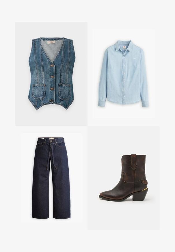 Blaues Jeanshemd ohne Ärmel mit V-Ausschnitt, vier Metallknöpfen, zwei Fronttaschen und vertikalen Nahtdetails.; Helles blaues, knöpfbares Hemd aus weichem Denim-Stoff. Mit klassischem Kragen und langen Ärmeln, versehen mit einem kleinen Logo auf der Brust.; Weite, dunkelblaue Jeans aus Denim mit hoher Taille, ausgestattet mit einem Kordelzug, fünf Taschen und kontrastierenden Nähdetails.; Braune Leder-Cowboystiefel mit spitzer Zehe und gestapeltem Absatz. Verfügt über ein dekoratives Diamantmuster und einen Riemen mit Hardware-Akzenten.