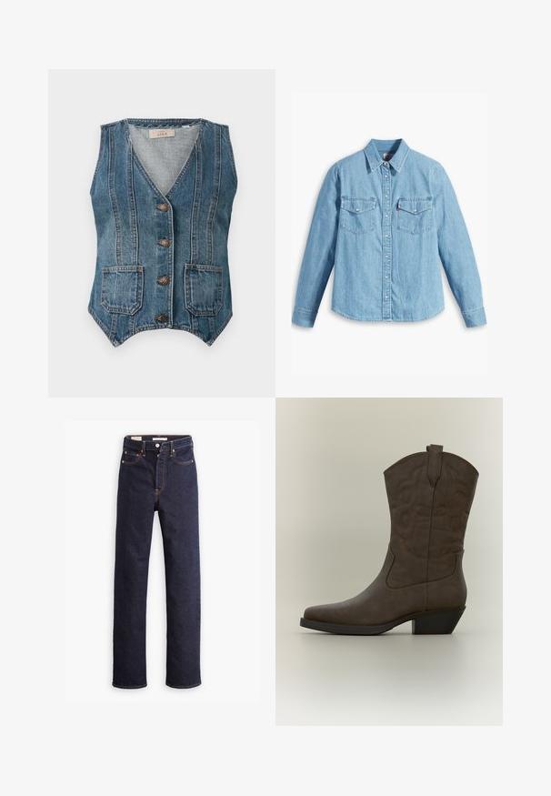 Blaues Jeanshemd ohne Ärmel mit V-Ausschnitt, vier Metallknöpfen, zwei Fronttaschen und vertikalen Nahtdetails.; Helles blaues Denimhemd mit langen Ärmeln, spitzem Kragen, zwei Brusttaschen, Knopfleiste und subtiler Struktur. Keine sichtbaren Muster.; Dunkelblaue gerade geschnittene Denim-Jeans mit fünf Taschen und sichtbaren orangefarbenen Nähten auf einem weißen Hintergrund.; Brauner, halbhoher Leder-Cowboystiefel mit spitzer Kappe, dekorativen Nähte, Zugschlaufe und schrägem Blockabsatz vor neutralem Hintergrund.