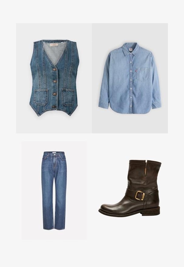 Blauwe denim mouwloze vest met V-hals, vier metalen knopen, twee voorzakken en verticale naad-details.; Lichtblauw denimoverhemd met een button-down kraag, borstzakje en lange mouwen. Heeft een afgeronde zoom en een subtiele textuur.; Lichtblauwe denim jeans met een rechte pijpdesign, voorzien van een knopenfly, vijf zakken en subtiele vervaging op de stof.; Bruine leren enkelboot met een ronde neus, zijschoenbuckle, gestikte accenten en een lage gestapelde hak. Beschikt over een kenmerkende textuur.