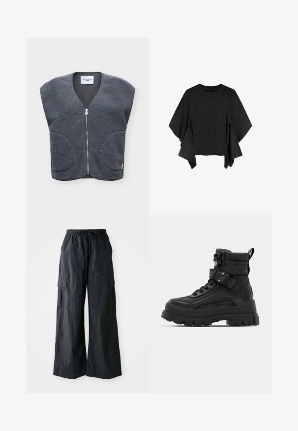 Veste polaire sans manches gris foncé avec zipper devant et deux poches arrondies, étiquetée Marc O'Polo Denim.; Haut noir à manches courtes avec larges panneaux de tissu drapés et flottants sur les côtés, encolure ronde et ourlet droit.; Pantalons cargo noirs en tissu léger, avec une coupe large, une taille élastique et plusieurs poches latérales. Simples et fonctionnels.; Bottes noires de cheville avec une tige texturée, semelle épaisse, lacets à l'avant et sangle ajustable avec détail de logo. Semelle extérieure en caoutchouc avec un profil prononcé.