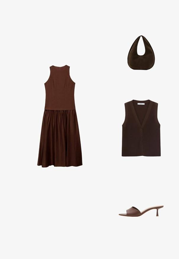 Brun strikket vest med V-hals, der har en knappet front og en ribbet tekstur. Uden ærmer, minimalistisk design.; Brun kjole med en tætsiddende, ærmeløs overdel og en udvidet nederdel. Lavet af et glat stof med en subtil glans. Lynlåsdetalje på bagsiden synlig.; Brun læder åben tå-mule med lav, slank kittenhæl og polstret indersål, vist på hvid baggrund.; Mørkebrun ruskind skuldertaske formet som en halvmåne med en bred rem og glat tekstur på en hvid baggrund.