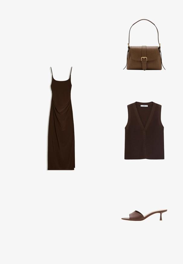 Bruine gebreide vest met een V-hals, voorzien van een knoopsluiting aan de voorkant en een ribbelstructuur. Zonder mouwen, minimalistisch ontwerp.; Bruine mouwloze maxi-jurk met dunne schouderbandjes en lichte plooien in de taille, afgebeeld op een witte achtergrond.; Bruine leren mule met open teen, lage, slanke kittenhak en gevoerde binnenzool, getoond tegen een witte achtergrond.; Bruine leren schoudertas met voorflap en gouden gesp, met verstelbare riem met gouden hardware op een witte achtergrond.