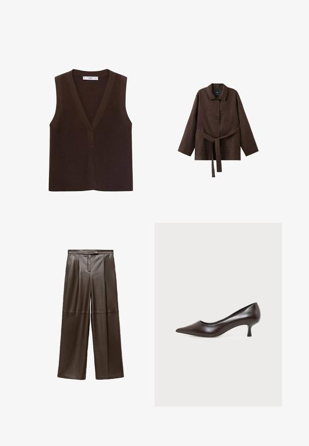 Brun strikket vest med V-hals, der har en knappet front og en ribbet tekstur. Uden ærmer, minimalistisk design.; Mørkebrun langærmet jakke med krave, to knapper og et matchende bælte i stof bundet om taljen.; Brune læder brede bukser med en glat tekstur, der har folder foran og et klassisk taljebånddesign.; Mørkebrun læderpumps med spids tå og lav buet hæl på hvid baggrund.