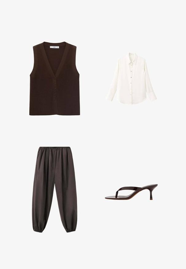 Bruine gebreide vest met een V-hals, voorzien van een knoopsluiting aan de voorkant en een ribbelstructuur. Zonder mouwen, minimalistisch ontwerp.; Witte blouse met lange mouwen, knoopsluiting, een klassieke kraag en knopen aan de voorkant; gemaakt van een soepel, lichtgewicht stof en met een afgeronde zoom.; Losse donkerbruine broek met elastische tailleband en boorden, gemaakt van zachte stof, ontworpen voor comfort en casual dragen.; Zwarte lakleren sandalen met een hiel, teenslipperbandje en een smalle, middelhoog kittenhak, van opzij getoond op een witte achtergrond.