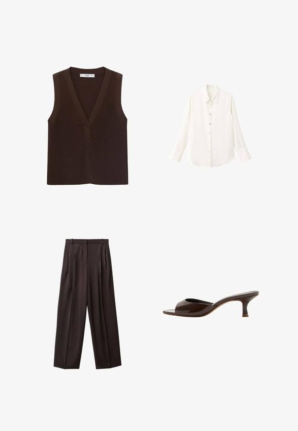Brun strikket vest med V-hals, der har en knappet front og en ribbet tekstur. Uden ærmer, minimalistisk design.; Hvid skjorte med lange ærmer og knapper foran, klassisk krave og knaplukning; har et glat, let stof og afrundet kant.; Bredde benbukser i mørkebrun stof. Funktioner inkluderer plisseringer foran, en talje med bæltesløjfer og sidelommer. Glat tekstur.; Brun åben-tå mule med lav kattehæl og blank finish, set fra siden på hvid baggrund.