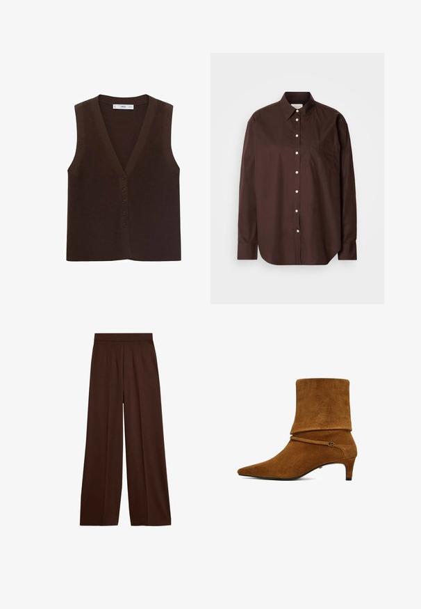 Bruine gebreide vest met een V-hals, voorzien van een knoopsluiting aan de voorkant en een ribbelstructuur. Zonder mouwen, minimalistisch ontwerp.; Bruine button-down shirt van katoen, met lange mouwen, een borstzak, witte knopen en een klassiek kraagontwerp.; Bruine, wijde broek van zachte stof met een platte tailleband en plooien aan de voorkant, met een gladde textuur en zonder zichtbare patronen.; Bruine suède enkellaars met puntige neus, lage kittenhak, slouchy bovenkant en dunne riem met kleine gouden gesp.