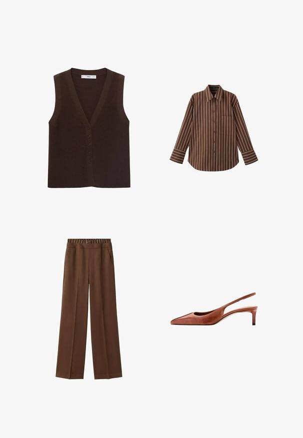 Brun strikket vest med V-hals, der har en knappet front og en ribbet tekstur. Uden ærmer, minimalistisk design.; Brun langærmet skjorte med knapper og hvide lodrette striber samt en brystlomme, lagt fladt på en hvid baggrund.; Brune bukser med lige ben, sidelommer og en stribet elastisk talje, skræddersyet til en afslappet pasform.; Brun læder spids tå slingback sko med lav kitten hæl og tynd rem rundt om hælen på en hvid baggrund.