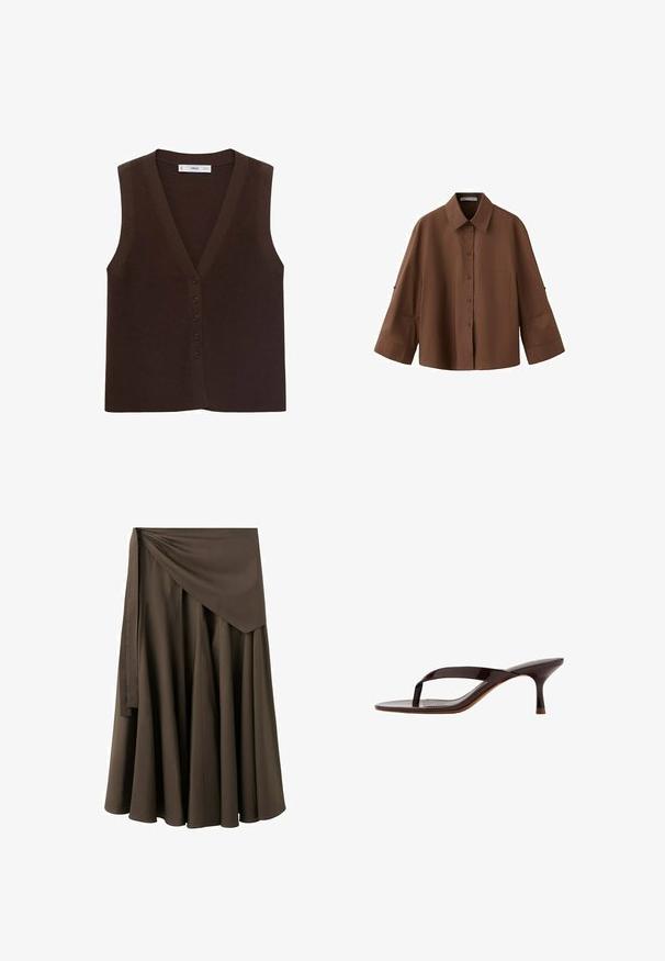 Bruine gebreide vest met een V-hals, voorzien van een knoopsluiting aan de voorkant en een ribbelstructuur. Zonder mouwen, minimalistisch ontwerp.; Bruine overhemd met knopen, lange brede mouwen en een borstzak, met een klassieke kraag en een ontspannen pasvorm.; Bruine midi wikkelrok met brede tailleband en lange strik, met zachte plooien voor een vloeiende silhouet.; Zwarte lakleren sandalen met een hiel, teenslipperbandje en een smalle, middelhoog kittenhak, van opzij getoond op een witte achtergrond.