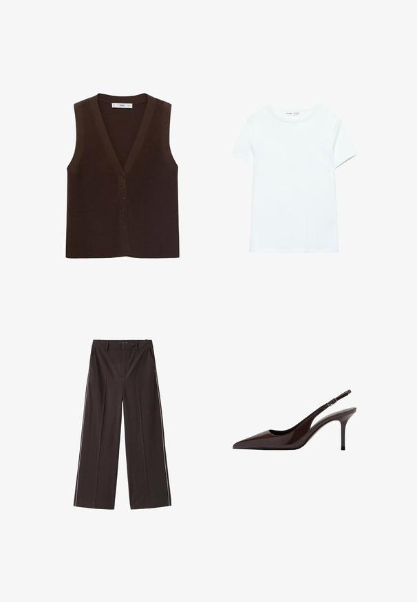 Brun strikket vest med V-hals, der har en knappet front og en ribbet tekstur. Uden ærmer, minimalistisk design.; Ensfarvet hvid kortærmet bomuldst-shirt med rund hals, vist fladt på hvid baggrund, uden synlige mønstre eller logoer.; Brune brede bukser lavet af glat materiale med hvide sidestriber. Funktioner inkluderer forlommer og en høj talje.; Brune patenteret læder slingback hæle med spids tå, slank hæl og justerbar spænde-rem. Glat tekstur og skinnende finish.