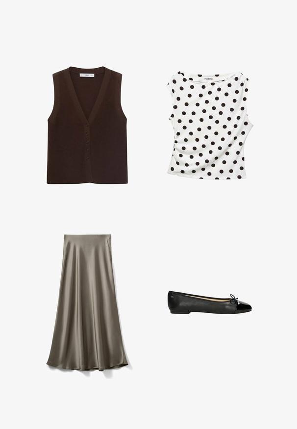 Brun strikket vest med V-hals, der har en knappet front og en ribbet tekstur. Uden ærmer, minimalistisk design.; Hvid ærmeløs top med jævnt fordelt store sorte polkaprikkker og en let rynket sidesømme.; Lang, flydende nederdel i en afdæmpet olivengrøn farve. Fremstillet af glat, skinnende stof med bred taljebånd og let drapering for en flydende silhuet.; Sort læderskolet balletflat med blankt tåhylster, lille sløjfedetalje og lav hæl, vist i profil mod hvid baggrund.
