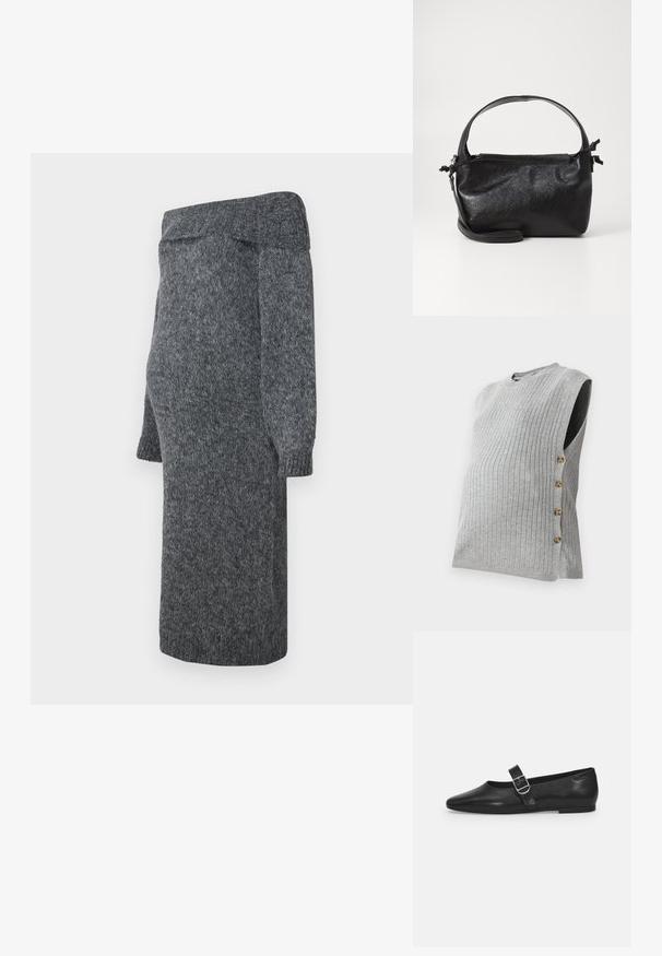 Haut de maternité gris côtelé avec un col rond et une fermeture à boutons sur le côté, comportant quatre boutons dorés le long de la couture gauche.; Robe en tricot gris avec une conception dénudée d'épaules, de longues manches bouffantes et des poignets côtelés ; texture douce et longueur mi-mollet.; Chaussure plate en cuir noir avec un bout arrondi, une seule sangle réglable à boucle et une texture lisse et brillante. Design minimaliste avec un petit talon.; Sac à main en cuir noir au design structuré, avec une poignée arrondie et une bandoulière amovible. Présente une texture lisse et un éclat subtil.