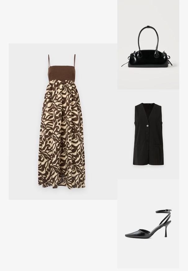 Sort ærmeløs vest med V-halsdesign, der har fire knapper og to forlommer, fremstillet af glat stof.; Brun og off-white trykt maxi-kjole med tætsiddende top, tynde stropper og udsvungne skirt, der har organisk bladmønster.; Sort spids højhælet sko med tynde ankelremme og sølvspænde på en ensfarvet lys baggrund.; Lille sort blank håndtaske med to lange håndtag og snøre-detaljer i siden på en ensfarvet lys baggrund.