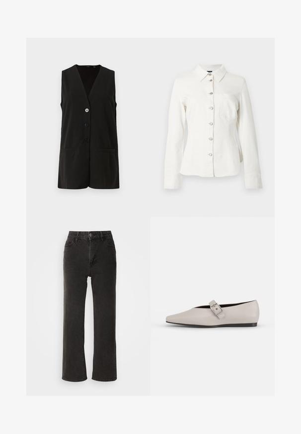 Gilet noir sans manches avec un col en V, doté de quatre boutons et de deux poches avant, fabriqué en tissu lisse.; Chemise en denim blanc avec col, manches longues et fermeture à boutons sur le devant. Comprend une poche poitrine unique et des boutons argentés en guise d'accents.; Jeans noirs à jambe large en denim, présentant une fermeture à bouton à l'avant, des passants de ceinture et cinq poches avec une texture légèrement délavée.; Chaussure plate en cuir beige avec un bout pointu, un accent de boucle sur le côté et une semelle noire basse. Texture lisse et design minimaliste.