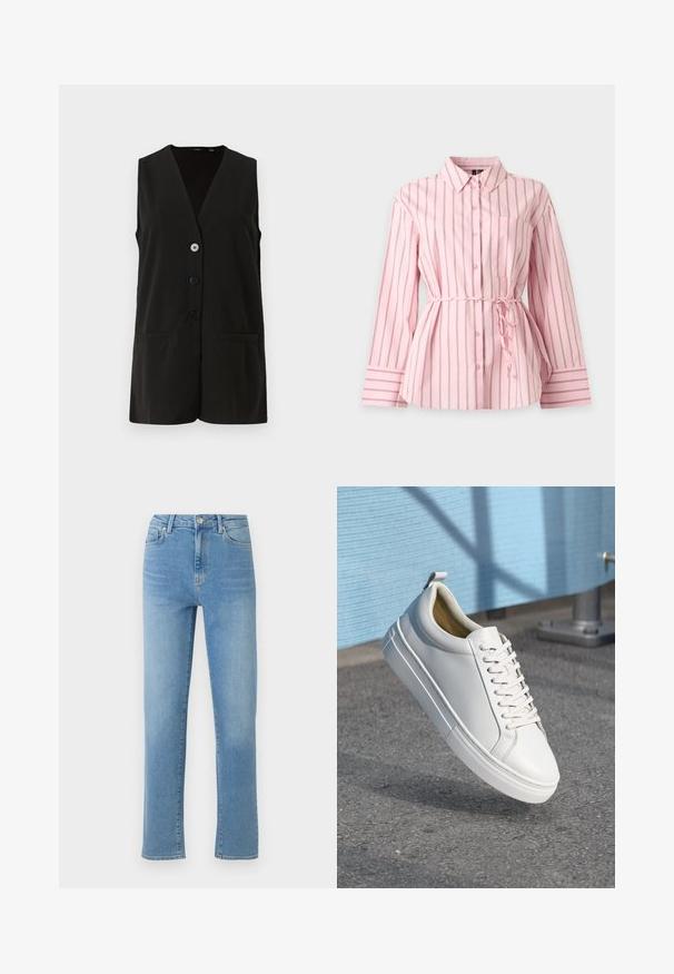 Chaleco negro sin mangas con un diseño de escote en V, que cuenta con cuatro botones y dos bolsillos frontales, hecho de una tela suave.; Camisa rosa de manga larga con rayas verticales finas, bolsillo en el pecho, cuello y cinturón anudado en la cintura.; Jeans de mezclilla azul claro con corte recto, diseño de cinco bolsillos y un acabado desgastado. Presentan un cierre de botón metálico y cremallera en la cintura.; Zapatilla de cuero blanca con cordones planos, punta redondeada, suela de goma y una pequeña lengüeta en el talón. Textura suave con detalles de diseño mínimos.