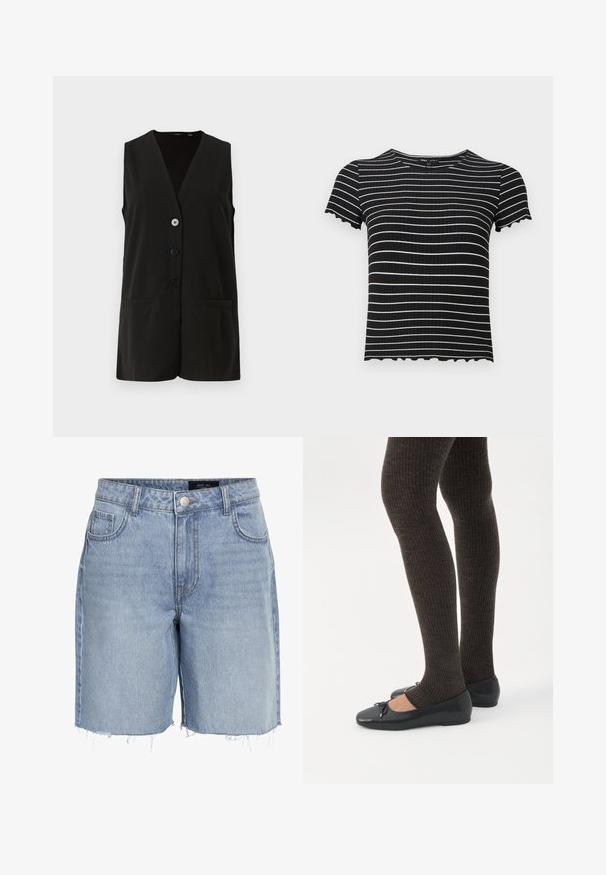 Sort ærmeløs vest med V-halsdesign, der har fire knapper og to forlommer, fremstillet af glat stof.; Sort ribbet kortærmet top med hvide horisontale striber. Scalloperede manchetter og udskæring, der fremhæver designet. Velegnet til afslappet brug.; Lysblå denimshorts med høj talje, fem lommer, frayed kant og klassisk knaplukning. Fremstillet af blødt, struktureret stof.; Ben iført mørke ribbede leggings kombineret med sorte balletsko med små sløjfedetaljer på hvid baggrund.