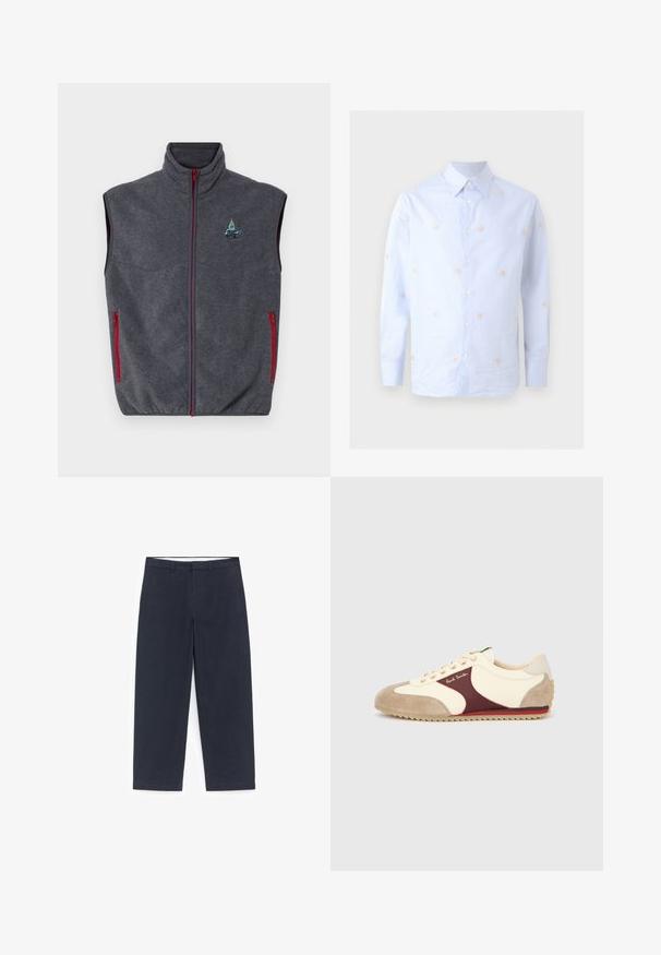 Chaleco de forro polar gris con cuello alto, cremalleras rojas y bolsillos laterales. Presenta un diseño bordado en la parte superior izquierda.; Camisa azul claro de manga larga con botones, con cuello puntiagudo y pequeño bordado floral de melocotón disperso.; Pantalones chinos azul marino oscuro hechos de algodón. Diseño de pierna recta con cintura de talle medio, con una cremallera oculta y trabillas para cinturón. Textura lisa sin patrones.; Zapatilla deportiva con parte superior de tela color crema, detalle en ante granate, puntera beige y suela de goma texturizada con patrón en zigzag.