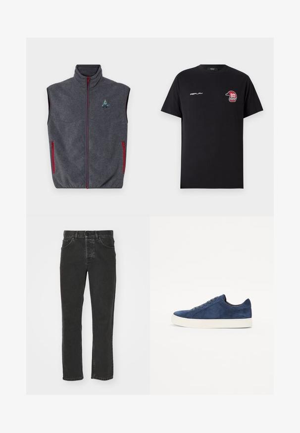 Grå fleecevest med høj krave, røde lynlåse og sidelommer. Har et broderet design på den øverste venstre side.; Replay SHORT SLEEVE GRAPHIC - T-shirts print - black; Sorte denim jeans med lige ben, klassisk fem-lomme design, knaplukning i taljen og en falmet overflade. Glat tekstur, ingen synlige mønstre.; Marineblå ruskinds sneakers med rund tå, fem snørrehuller, hvid gummisål og minimalistisk design. Glat overflade, uden synlige mønstre.