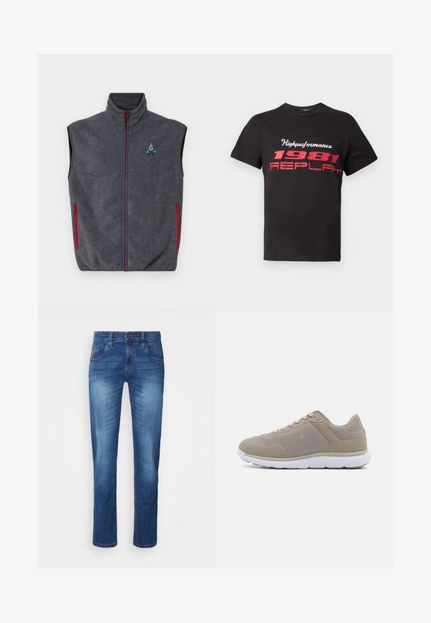 Chaleco de forro polar gris con cuello alto, cremalleras rojas y bolsillos laterales. Presenta un diseño bordado en la parte superior izquierda.; Camiseta de algodón negra con un estampado gráfico rojo que dice "Highperformance 1981 REPLAY". Mangas cortas y cuello redondo.; Jeans de mezclilla rectos azules con detalles desgastados, cierre frontal de botón y cremallera, con pasadores para cinturón y diseño clásico de cinco bolsillos.; Zapatillas deportivas beige con paneles de malla y acentos lisos, que cuentan con cierre de cordones, suela acolchada y suela exterior de goma blanca.