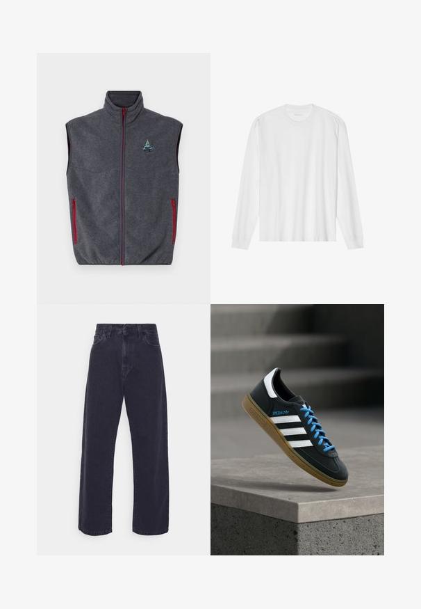 Grå fleecevest med høj krave, røde lynlåse og sidelommer. Har et broderet design på den øverste venstre side.; Hvid, langærmet t-shirt i bomuld med rund hals, med ribbede ærmeafslutninger og en lige kant, glat tekstur og minimalistisk design.; Mørk vaske denim jeans med en bred ben silhuet, høj talje og fem-lomme design. Har en klassisk knap- og lynlåslukning.; Sort Adidas sneaker med hvide striber, blå snørebånd og gummisål, der svæver over gråt betontrin i blødt lys.