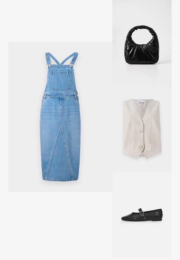 Gilet sans manches beige avec des rayures verticales, décolleté en v, fermeture à cinq boutons et poches latérales. Fabriqué en tissu texturé.; Robe salopette en denim bleu clair avec bretelles réglables, une poche avant, une jupe droite avec une fente discrète et une texture lisse.; Chaussure plate en cuir noir avec un bout arrondi, une seule sangle réglable à boucle et une texture lisse et brillante. Design minimaliste avec un petit talon.; Sac à main noir rembourré avec une poignée arrondie, présentant une surface lisse et brillante ainsi qu'une texture douce et matelassée. Pas de quincaillerie ou d'accents visibles.