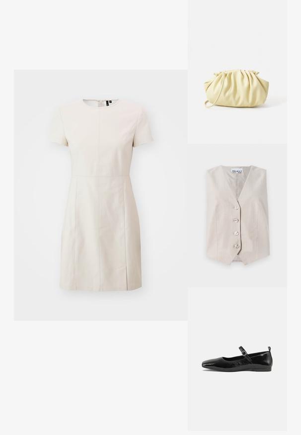 Gilet sans manches beige avec des rayures verticales, décolleté en v, fermeture à cinq boutons et poches latérales. Fabriqué en tissu texturé.; Robe crème à manches courtes avec un col rond, coutures verticales et une fente latérale discrète pour plus de détail.; Chaussure plate en cuir verni noir avec un bout pointu, une sangle de cheville avec boucles, et une texture lisse et brillante. Talon bas pour le confort.; Sac à main plissé jaune en simili cuir lisse, arborant une forme douce avec une bandoulière unique et un design froncé sur le dessus.