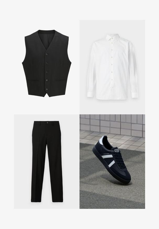 Sort ærmeløs vest med en notch-lapel, seks knaplukninger og to for- lommer. Glat stof med en skræddersyet pasform.; Hvid langærmet skjorte med knapper, spredekrave og knapmanchetter, vist på en ensfarvet hvid baggrund.; Sorte bukser lavet af glat stof, med lige snit, knaplukning i taljen, og uden synlige mønstre eller accenter.; Sort lædersneaker med hvide striber, tekstureret gummisål og snørrebånd foran. Har et brandet mærke på tungen.