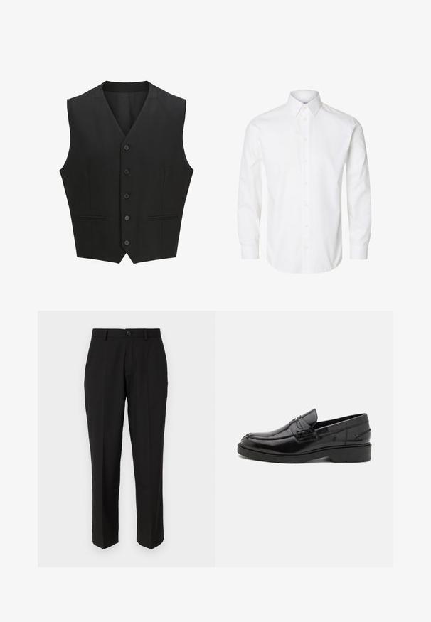 Chaleco negro sin mangas con solapa de muesca, cierre de seis botones y dos bolsillos frontales. Tejido suave con un ajuste entallado.; Camisa blanca de manga larga con cuello puntiagudo, botones visibles en la parte delantera y puños abotonados.; Pantalones negros de tela suave, con un diseño de pierna recta, bolsillos delanteros, un cierre de botón y sin patrones visibles.; Mocasines de cuero negro con un acabado suave, punta redondeada, tacón bajo y costura decorativa en la parte delantera. Suela de goma para mayor agarre.