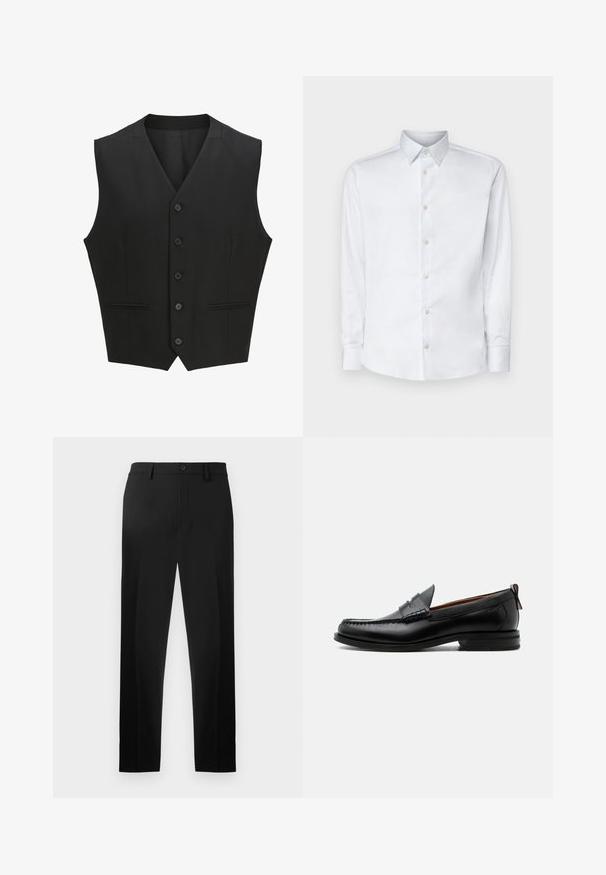 Zwarte mouwloze vest met een notch lapel, sluiting met zes knopen en twee voorzakken. Glad materiaal met een getailleerde pasvorm.; Witte lange mouw shirt gemaakt van gladde stof, met een klassieke kraag, knoopsluiting en manchetten met knopen, gepresenteerd tegen een effen achtergrond.; Zwarte broek gemaakt van een gladde stof, met een rechte pijpdesign, voorplooien en een knoopsluiting in de taille.; Zwarte leren herensloffen met moc toe stiksel, pennyriem, gestructureerde kraag en lage gestapelde hak op witte achtergrond.