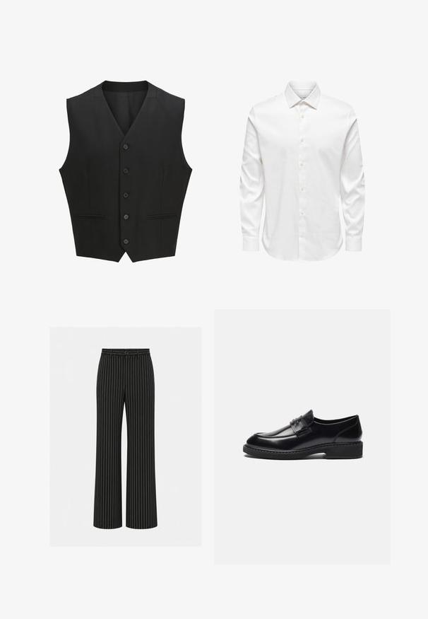 Zwarte mouwloze vest met een notch lapel, sluiting met zes knopen en twee voorzakken. Glad materiaal met een getailleerde pasvorm.; Wit herenshirt met lange mouwen, een puntige kraag en een rij witte knopen aan de voorkant op een effen achtergrond.; Zwarte wijde broek met witte verticale krijtstrepen, knoop en riemlussen in de taille.; Zign by Zalando LEATHER - Zakelijke loafers - black
