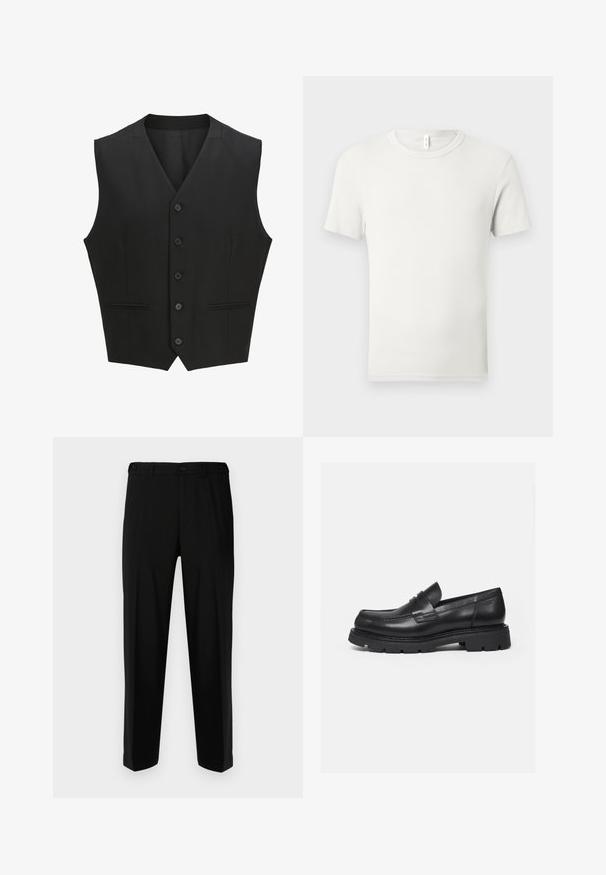 Sort ærmeløs vest med en notch-lapel, seks knaplukninger og to for- lommer. Glat stof med en skræddersyet pasform.; Hvid kortærmet T-shirt med rund hals lagt fladt på en lysgrå baggrund med en lille stofmærkat ved kraven.; Sorte bukser lavet af glat stof, med lige snit, to forlommer og lynlås med knaplukning.; Sort læderloafer med tyk rillede sål og penny-remdetalje, vist i højre sideprofil på hvid baggrund.