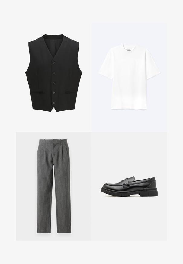 Zwarte mouwloze vest met een notch lapel, sluiting met zes knopen en twee voorzakken. Glad materiaal met een getailleerde pasvorm.; Effen witte T-shirt met korte mouwen en ronde hals, met een losse pasvorm, weergegeven op een lichte achtergrond.; Grijze, gestreepte broek gemaakt van een gestructureerde stof. Heeft een hoge taille met plooien en een recht model.; Zwarte leren instapper met een brede band over de voet, rubberen zool met dikke noppen en een gladde textuur. Klassiek, strak ontwerp.