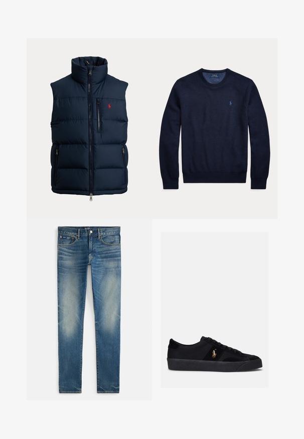 Marineblauwe pufferbodywarmer met hoge kraag, volledige ritssluiting aan de voorkant, ritssluiting op de borstzak, twee ritsen op de zijzakken en een klein rood logo op de borst.; Marineblauwe trui met lange mouwen en ronde hals, met getextureerde brei en klein geborduurd Polo Ralph Lauren-logo op de linkerborst.; Blauwe vervaagde slim-fit jeans met knoop- en ritssluiting, voorzakken en klein muntzakje, plat gelegd op een witte achtergrond.; Zwarte sneakers met een bovenwerk van stof en suède, ronde neus, platte rubberen zool en geborduurd logo aan de zijkant. Vetersluiting met zes veterogen.