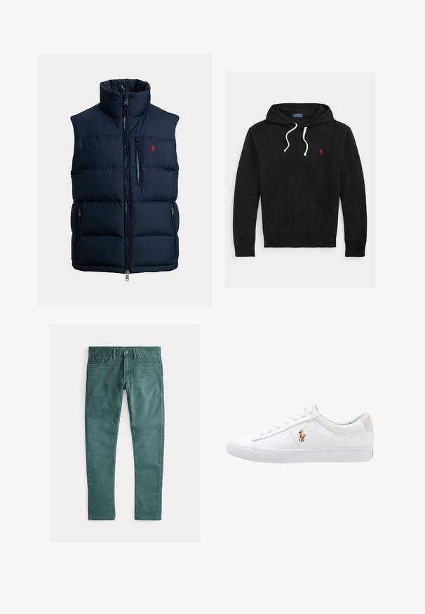 Marineblaue Steppweste mit hohem Kragen, durchgehendem Frontreißverschluss, Reißverschluss an der Brusttasche, zwei Reißverschlüssen an den Seitentaschen und kleinem roten Logo auf der Brust.; Schwarzer Hoodie mit weißen Kordeln, Fronttasche und kleinem roten Polo Ralph Lauren-Logo auf der Brust.; Grüne Jeans aus Baumwolle mit schmaler Passform. Verfügt über zwei frontale Taschen, einen Reißverschluss und Kontrastnähte. Glatte Textur, einheitliche Farbe.; Weiße Leinensneaker im Low-Top-Design mit einem beigen Ferseneinsatz und einem kleinen gestickten Logo an der Seite. Gummisohle.