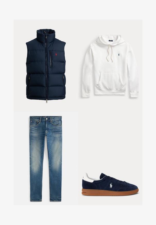 Chaleco acolchado azul marino con cuello alto, cremallera completa en la parte delantera, cremallera en el bolsillo del pecho, dos cremalleras en los bolsillos laterales y pequeño logo rojo en el pecho.; Sudadera con capucha blanca Polo Ralph Lauren con bolsillo frontal, capucha con cordón y logo bordado en azul marino en el lado izquierdo del pecho.; Vaqueros ajustados azul deslavado con cierre de botón y cremallera, bolsillos delanteros y un pequeño bolsillo para monedas, mostrados planos sobre fondo blanco.; Zapatilla de ante azul marino con lengüeta blanca en el talón, logo bordado en el lateral, suela de goma marrón y cordones negros.