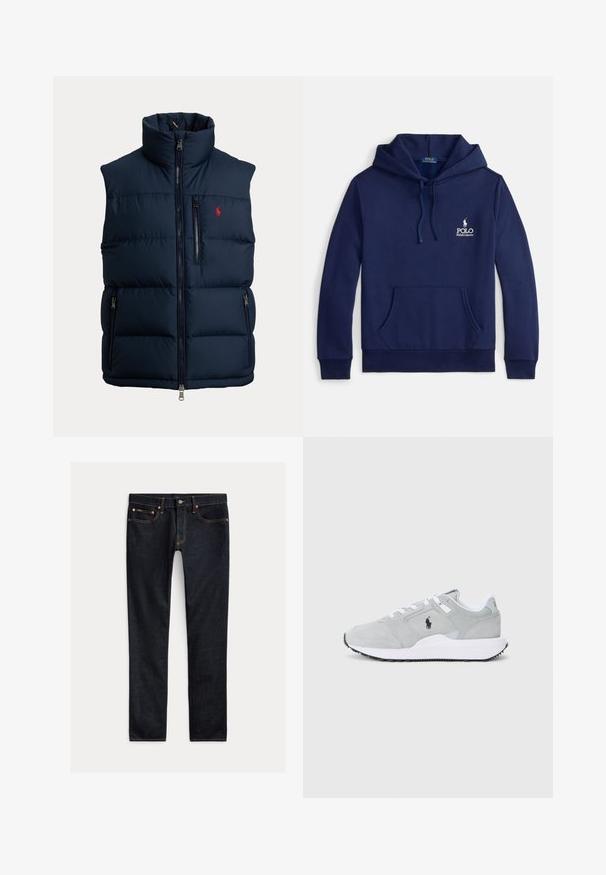 Marineblaue Steppweste mit hohem Kragen, durchgehendem Frontreißverschluss, Reißverschluss an der Brusttasche, zwei Reißverschlüssen an den Seitentaschen und kleinem roten Logo auf der Brust.; Marineblauer Hoodie aus Baumwollmischung mit einer Fronttasche, verstellbarer Kapuze mit Kordelzug und weißem, auf der Brust gesticktem Logo.; Dunkelblaue Slim-Fit-Jeans mit fünf Taschen, Knopfverschluss und Kontrastnähten, flach auf hellem Hintergrund ausgelegt.; Graue Sportschuhe mit einem Design aus Mesh und Wildleder, ausgestattet mit weißen Schnürsenkeln und einem schwarzen Logo an der Seite, vor einem schlichten Hintergrund.