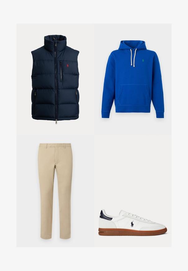 Marineblaue Steppweste mit hohem Kragen, durchgehendem Frontreißverschluss, Reißverschluss an der Brusttasche, zwei Reißverschlüssen an den Seitentaschen und kleinem roten Logo auf der Brust.; Blauer Hoodie mit weißen Kordeln, Fronttasche und kleinem grünem gesticktem Logo auf der linken Brust.; Beige Baumwollhosen mit geradem Schnitt, ausgestattet mit Gürtelschlaufen, einer flachen Vorderseite und maßgeschneiderten Säumen. Glatte Textur und minimale Details.; Weißer Sneaker mit niedrigem Schaft, brauner Sohle, schwarzem Fersenpatch, besticktem Polo-Spieler-Logo und weißen Schnürsenkeln.