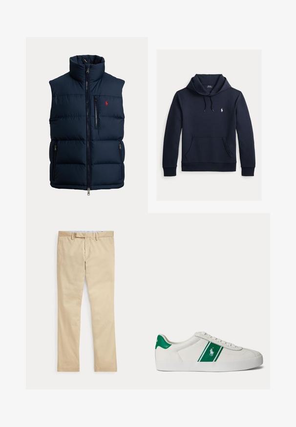 Marineblauwe pufferbodywarmer met hoge kraag, volledige ritssluiting aan de voorkant, ritssluiting op de borstzak, twee ritsen op de zijzakken en een klein rood logo op de borst.; Donker marineblauwe hoodie met voorkangoeroezak, capuchon met trekkoord, lange mouwen en klein wit Polo Ralph Lauren-logo op de borst.; Beige broek met rechte pijpen, ceintuurlussen en een voorrits, plat gelegd tegen een witte achtergrond.; Witte lage sneaker met groene streep en Polo-logo aan de zijkant, groene hieltab en witte veters, vanaf de linkerkant getoond op een effen achtergrond.