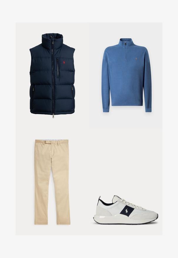Marineblaue Steppweste mit hohem Kragen, durchgehendem Frontreißverschluss, Reißverschluss an der Brusttasche, zwei Reißverschlüssen an den Seitentaschen und kleinem roten Logo auf der Brust.; Blaues Pullover-Sweatshirt mit einem halben Reißverschlusskragen, gerippten Bündchen und einem kleinen gestickten Logo auf der Brust. Hergestellt aus weichem Stoff mit glatter Textur.; Beige gerade Hose mit Gürtelschlaufen und einem vorderen Reißverschluss, flach auf weißem Hintergrund gelegt.; Weißer und marineblauer Sneaker mit Schnürung vorne, schwarzer Sohle und Polo Ralph Lauren-Logo auf dem marineblauen Seitenstreifen.