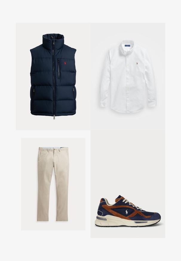 Chaleco acolchado azul marino con cuello alto, cremallera completa en la parte delantera, cremallera en el bolsillo del pecho, dos cremalleras en los bolsillos laterales y pequeño logo rojo en el pecho.; Camisa blanca de algodón, con botones, de corte clásico, mangas largas y un pequeño logo bordado en el lado izquierdo del pecho.; Pantalones de algodón beige de pierna recta con bolsillos delanteros, trabillas para cinturón, cierre de botón y cremallera, mostrados extendidos sobre un fondo blanco.; Zapatilla de ante en azul marino y marrón con detalles de malla, cordones blancos y una entresuela color crema; presenta un logo en el lateral y un acabado texturizado.