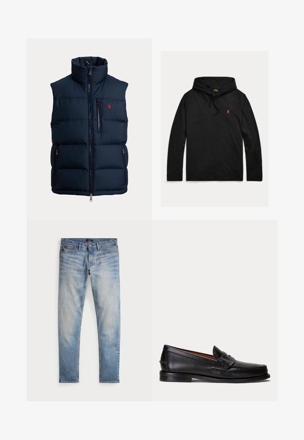 Marineblå foret vest med høj krave, fuld frontlynlås, lynlås på brystlomme, to lynlåse på sidelommer og lille rødt logo på brystet.; Sort langærmet Polo Ralph Lauren hættetrøje med snore og lille rødt broderet hestelogo på venstre bryst.; Lys blå denimjeans med en falmet finish, fem-lomme design og kontraststing. Har lynlås og bæltesløjfer. Lige pasform.; Sort læderloafer med lav hæl og pennyremdetalje, vist fra siden på en lysegrå baggrund.