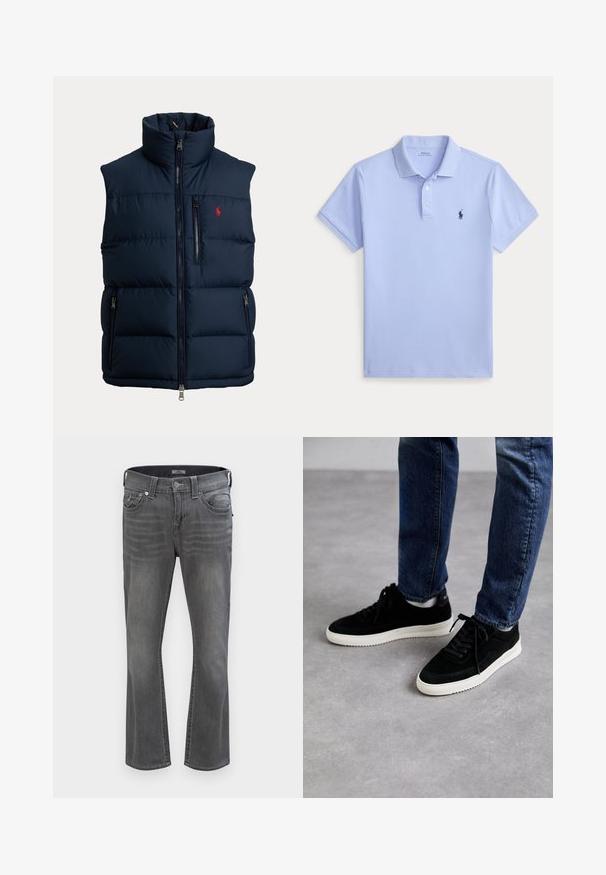 Marineblaue Steppweste mit hohem Kragen, durchgehendem Frontreißverschluss, Reißverschluss an der Brusttasche, zwei Reißverschlüssen an den Seitentaschen und kleinem roten Logo auf der Brust.; Hellblaues Poloshirt mit kurzen Ärmeln, zwei weißen Knöpfen und einem kleinen dunkelblauen gestickten Logo auf der linken Brust.; Graue Jeans mit geradem Bein, Vordertaschen, Gürtelschlaufen und Knopfverschluss, flach auf hellem Hintergrund dargestellt.; Schwarze Wildledersneaker mit einer weißen Gummisohle, die ein klassisches Low-Top-Design, eine abgerundete Spitze und flache schwarze Schnürsenkel aufweisen.