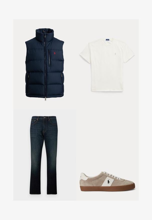 Chaleco acolchado azul marino con cuello alto, cremallera completa en la parte delantera, cremallera en el bolsillo del pecho, dos cremalleras en los bolsillos laterales y pequeño logo rojo en el pecho.; Camiseta blanca de manga corta con cuello redondo y un pequeño logo Polo Ralph Lauren de color beige claro en el lado izquierdo del pecho.; Vaqueros de denim azul oscuro de pierna recta con cinco bolsillos y costuras naranjas, mostrados planos sobre un fondo blanco.; Zapatilla beige de ante con corte bajo, cordones blancos, detalle de piel blanca con logo de caballo negro y suela de goma marrón.