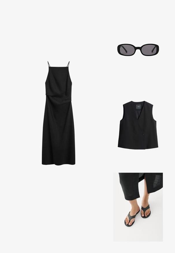 Schwarzes ärmelloses Top mit tiefem V-Ausschnitt, vorderem Knopfverschluss und glatter Stoffoberfläche. Einfaches Design, ohne Taschen oder Muster.; Schwarzes ärmelloses Kleid mit dünnen Trägern, geradem Ausschnitt und lockerem, knöchellangem Schnitt auf weißem Hintergrund.; Nahaufnahme von Füßen in schwarzen Lederdornsandalen, darüber der Saum eines schwarzen Rocks sichtbar, über weißen Boden.; Schwarze ovale Sonnenbrille mit dicken Rahmen und dunklen Gläsern auf schlichtem weißem Hintergrund.