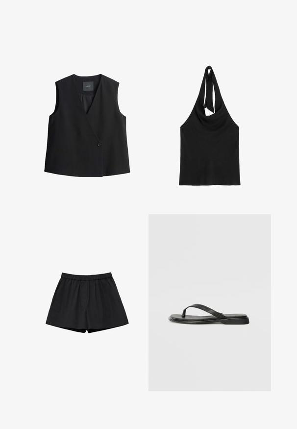 Schwarzes ärmelloses Top mit tiefem V-Ausschnitt, vorderem Knopfverschluss und glatter Stoffoberfläche. Einfaches Design, ohne Taschen oder Muster.; Schwarzes Neckholder-Top mit drapiertem Ausschnitt und Bindeschluss am Rücken, ärmellos und aus glattem Stoff.; Schwarze Shorts mit elastischem Bund, lockerem Schnitt und glattem Stoff, flach auf weißem Hintergrund dargestellt.; Schwarze Flip-Flops aus glattem Leder, mit einem dünnen Riemendesign und einer flachen Sohle mit minimalem Profil. Keine bemerkenswerten Muster oder Akzente.