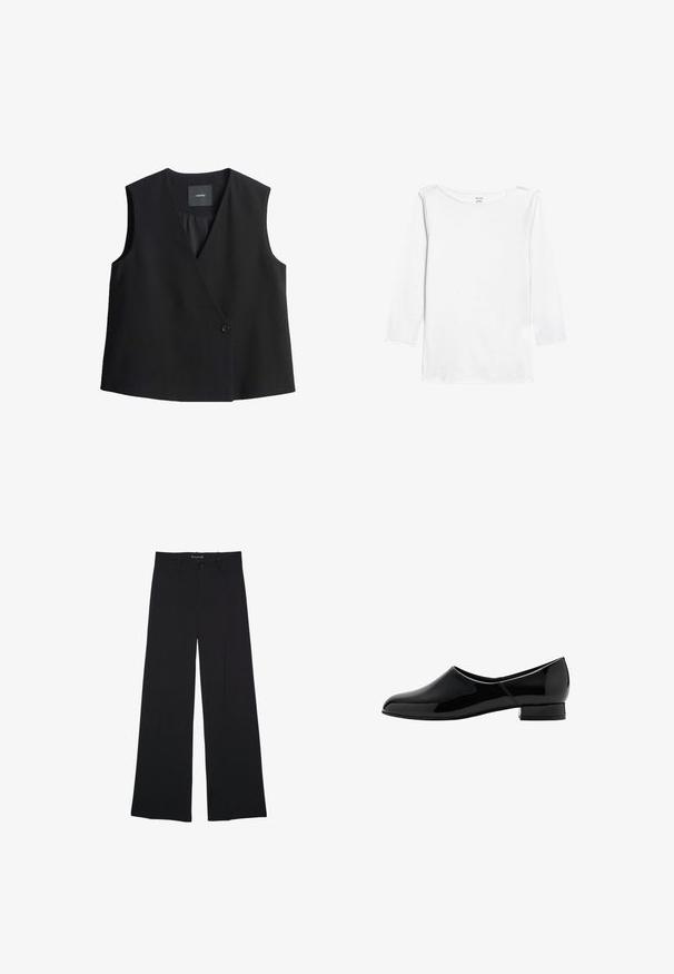 Schwarzes ärmelloses Top mit tiefem V-Ausschnitt, vorderem Knopfverschluss und glatter Stoffoberfläche. Einfaches Design, ohne Taschen oder Muster.; Weißes Langarm-T-Shirt mit einem breiten, runden Ausschnitt und tailliertem Schnitt. Verfügt über einen geraden, schlichten Saum und eine weiche, glatte Textur.; Schwarze, weit geschnittene Hose mit Knopf- und Reißverschluss, Gürtelschlaufen und glattem, maßgeschneidertem Finish.; Schwarze Lackleder-Slipper mit abgerundeter Zehenpartie und niedrigem Blockabsatz. Glatte Oberfläche, minimalistisches Design, keine sichtbaren Verzierungen.